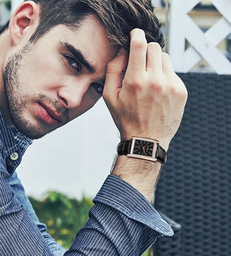 Часы наручные мужские с кожаным ремешком квадратные деловые кварцевые