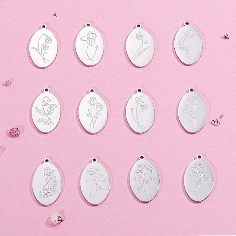 

Fnixtar 12 шт. 22*14 мм овальная гравировка месяц цветы зеркальные шармы Полированные Подвески из нержавеющей стали для самостоятельного изготовл...
