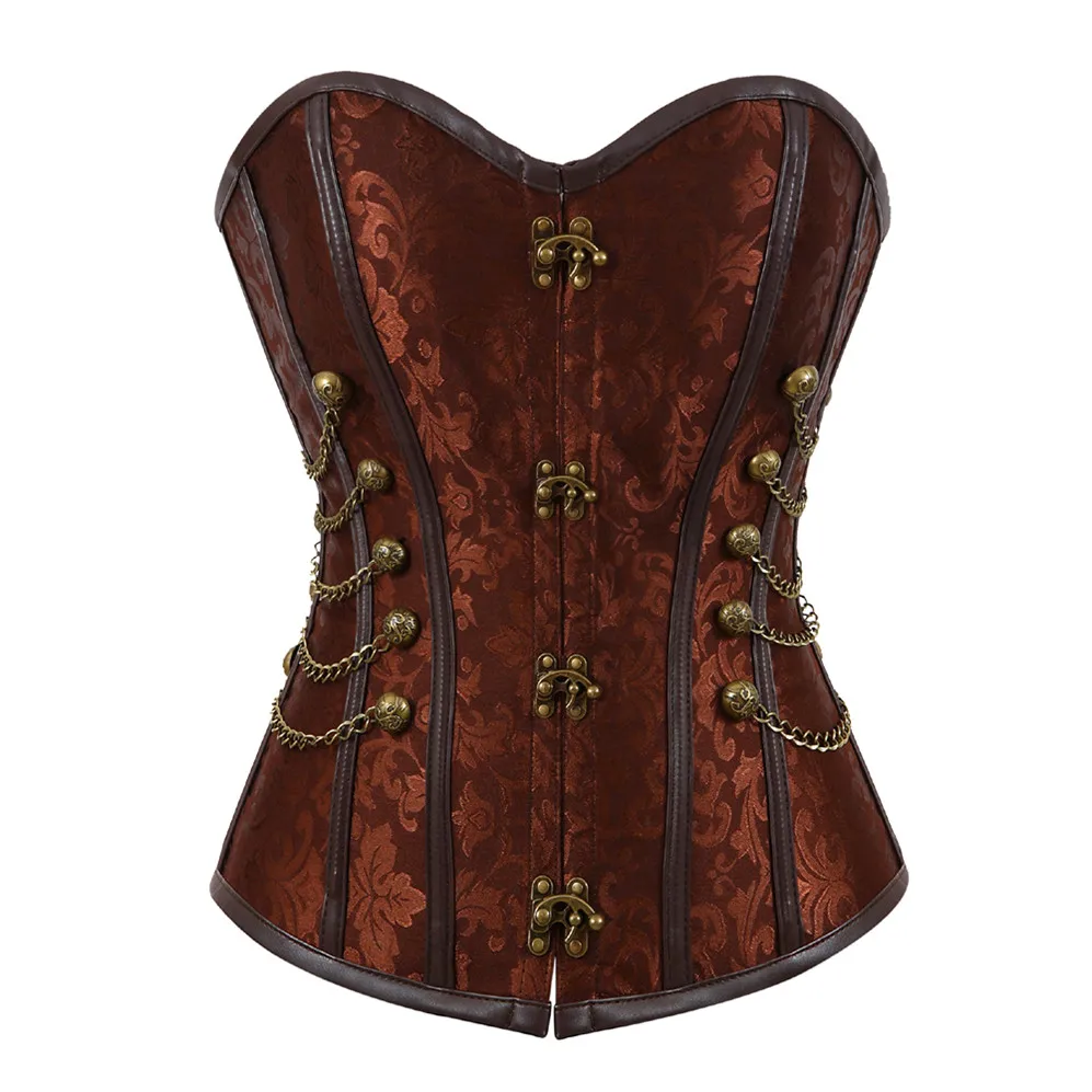 Steampunk Corsets and Bustiers Plus Size Black Brown Leather Corset Metal Bone Spiral Tops Gothic Sexy Chain Clothing Vintage