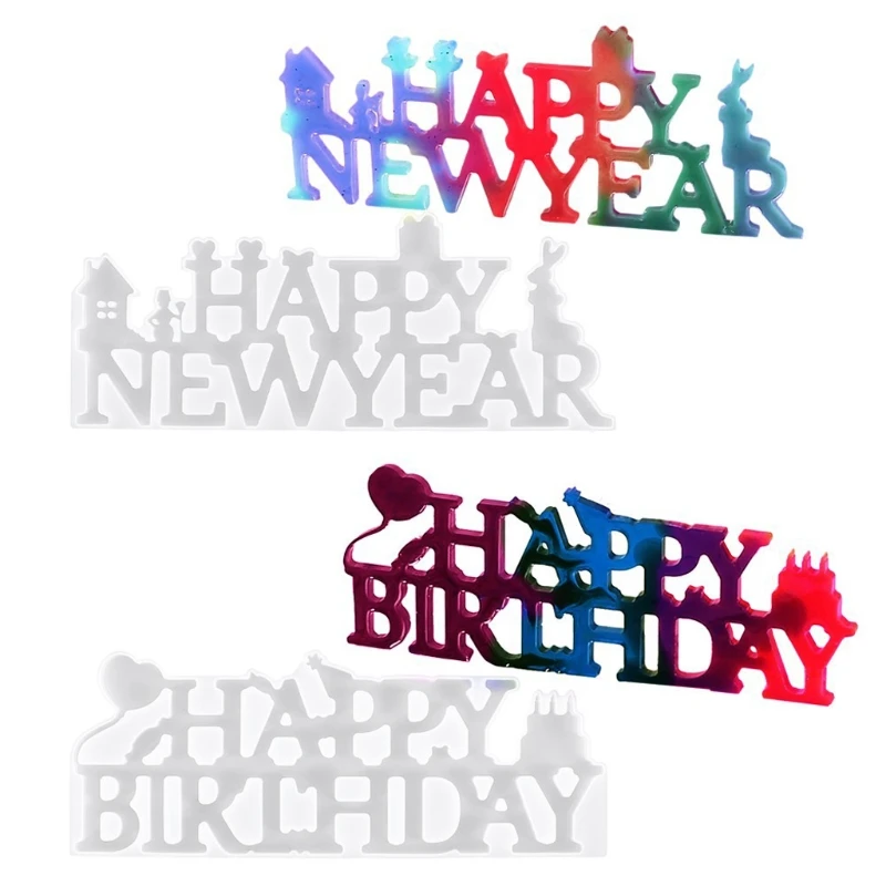 

DIY Happy Birthday Happy New Year Resin Casting Mold 2021 Good Wishes New Year Letters Silicone Mold Art Craft Tools