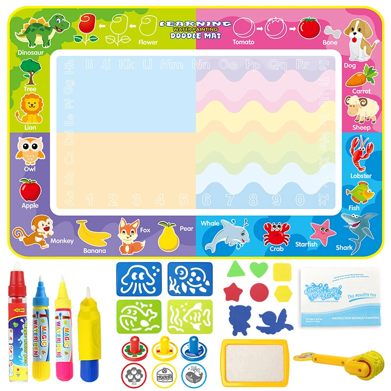 

6 Types Big Size Magic Water Doodle Mat with Pens & Stamps Set Drawing Painting Board Art Early Educational Toy Gift for Kids