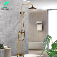 luxury antique brass floor standing bathroom bathtub faucet shower set dual handle swivel spout 150cm shower hose hot cold mixer