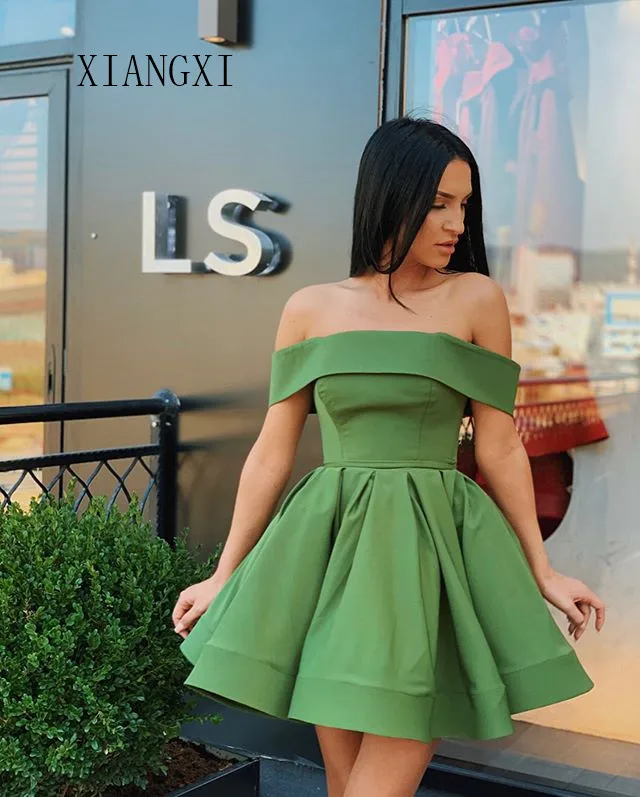 

2020 атласное платье для выпускного, небесно-зеленого цвета, ТРАПЕЦИЕВИДНОЕ, с открытыми плечами, длиной до колен, Короткие выпускные платья, ...