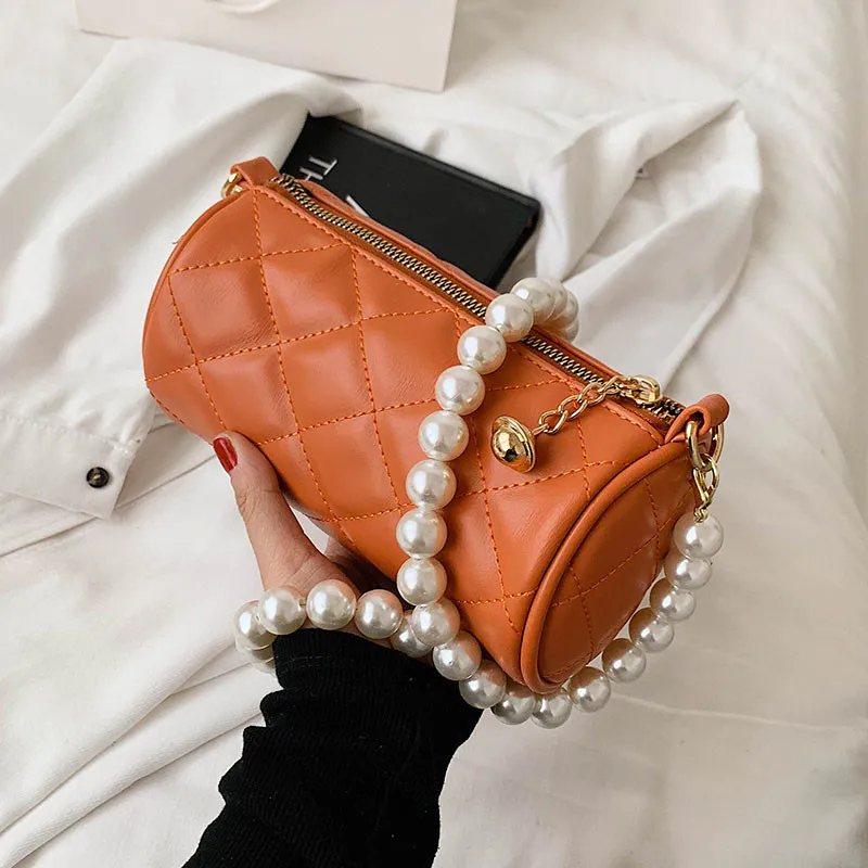 

Luxury Designer Mini Shoulder Bags High Quality Pu Leather Pearl Strap Cylindrical Crossbody Bags Ladies Clutch