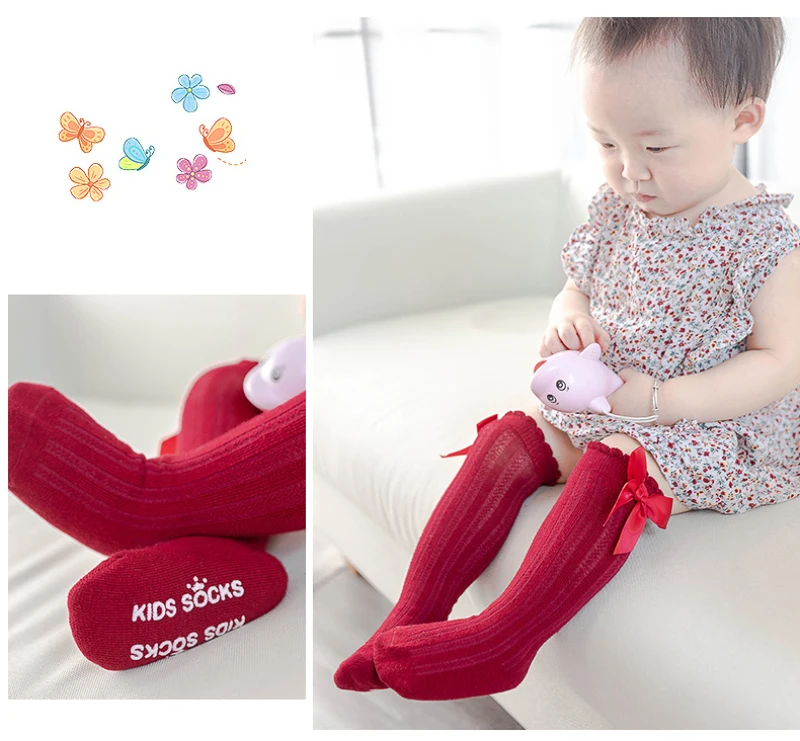 

Baby boy Girl Spring Socks Cartoon Bowknot Kids Spring Autumn Cotton Breathable Long Sock Floor Anti-skid Toddler Socks 0-4Y
