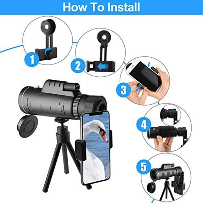 

Monocular Telescope,40X60 Monocular with Smartphone Holder & Tripod Waterproof Zoom Telescope for Bird Watching Camping