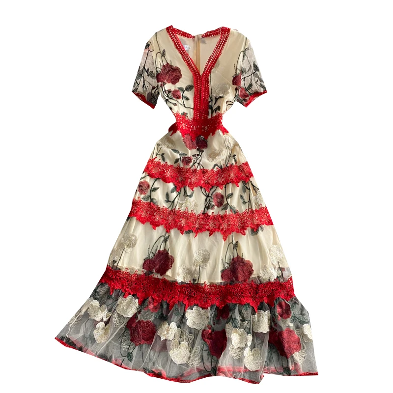 

V-neck short sleeve mesh embroidery waist tuck dress