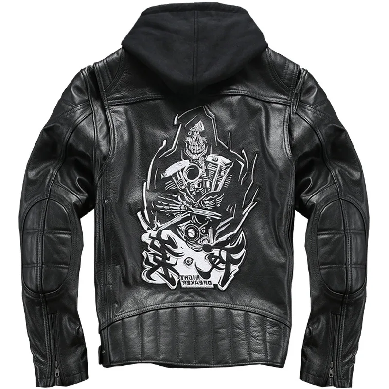 

Genuine Leather Men's Jacket Hooded Motorcycle Jacket Short Slim Leather Motorcycle Riding Leather Jacket