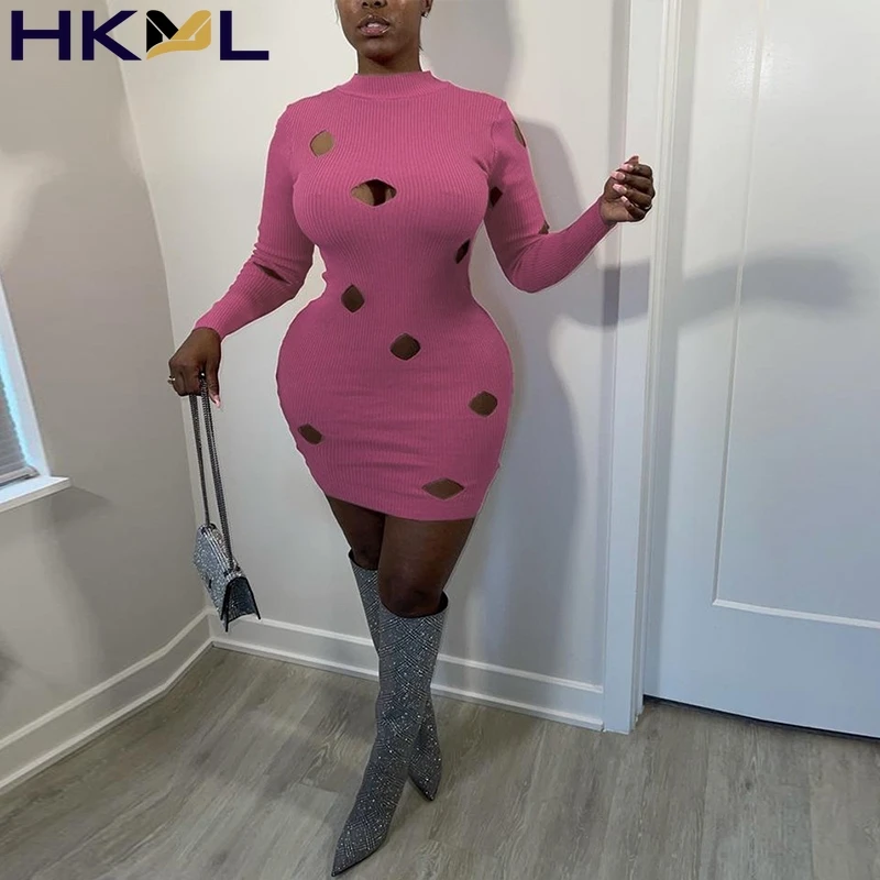 

Summer Women Mini Dresses Solid Color Knitted Hole Long Sleeve Round Neck Bodycon Sexy Birthday Outfits