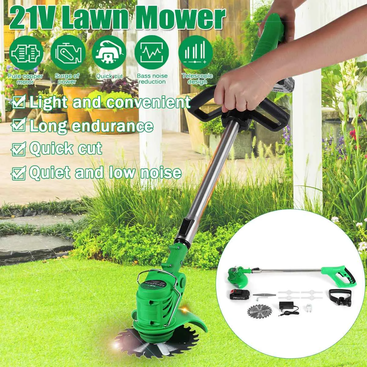 

650W 21V Adjustable Rechargeable Wireless Grass Trimmer 18000rpm/min Electric Garden Push Lawnmower+2000mah Battery 1 Charger