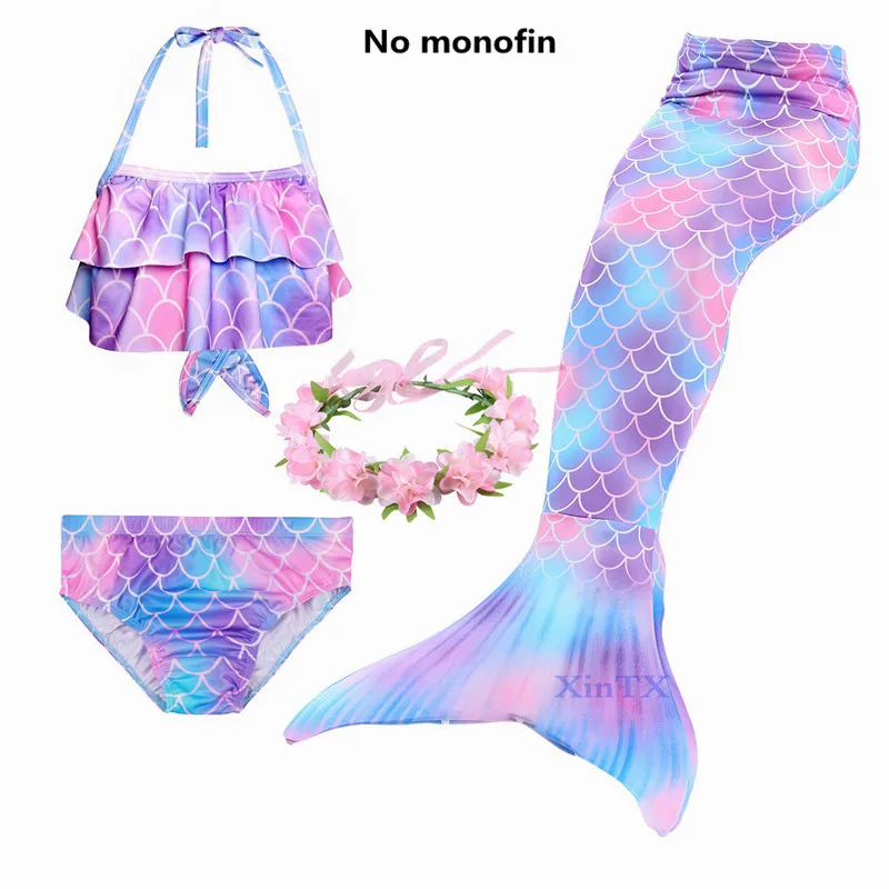 4pcs No Monofin Лидер продаж; детский купальный костюм с хвостом русалки и плавником для девочек; купальный костюм-бикини; платье с добавлением монофина; очки с гирляндой; купальный костюм - Цвет: 4pcs No Monofin