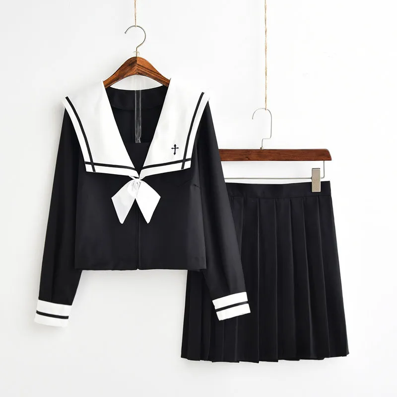 Long Sleeve Set UPHYD/Новое поступление; костюм моряка для косплея; JK; школьная форма для девочек; белая рубашка с воротником и черная юбка; костюмы для студентов - Цвет: Long Sleeve Set