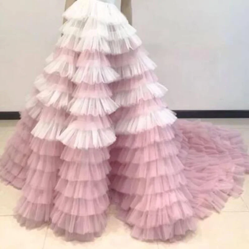 

Beauty Pretty White and Pink Ruffled Tiered Puffy Tulle Long Skirts Women Zipper Style Long Tutu Bridal Skirt 2020 Custom Made