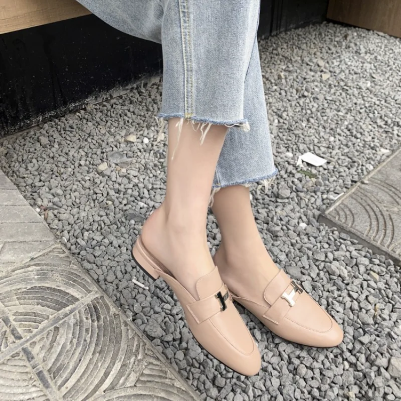 

2021 New Women's Shoes, Metal H Buckle, Baotou Slippers, Women's Flat-bottomed Casual Lazy Muller Sandals, Cowhide Women's Shoes