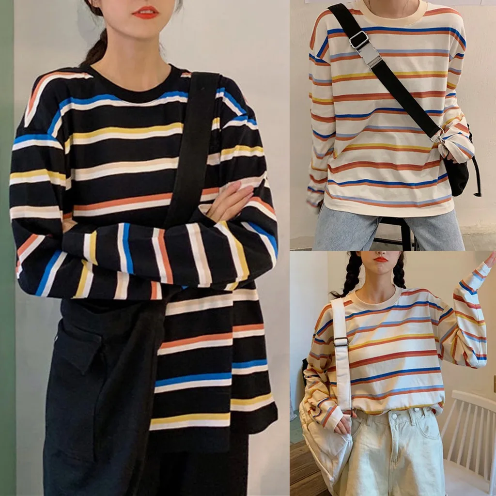 Футболка женская с круглым вырезом модный повседневный свободный топ в полоску