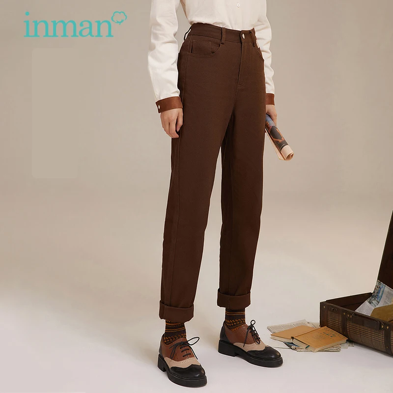 

INMAN Autumn Women's Pants Retro Literary Minimalist All-Match Bottoms Loose Casual Solid Color Cotton Trousers