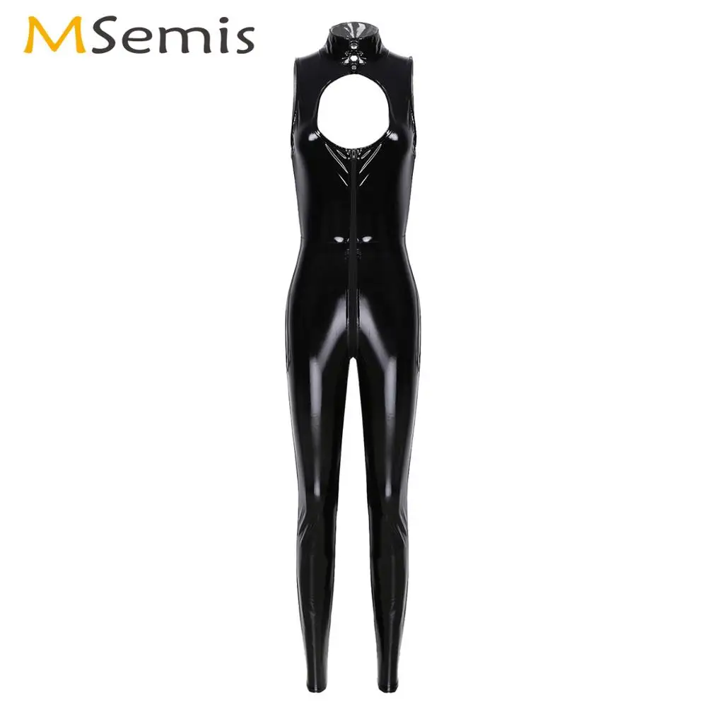 

Women One-Piece Wetlook Patent Leather Leotard Jumpsuit Clubwear Hot Rave Pole Dance Catsuit Sleeveless Zippered Romper Bodysuit