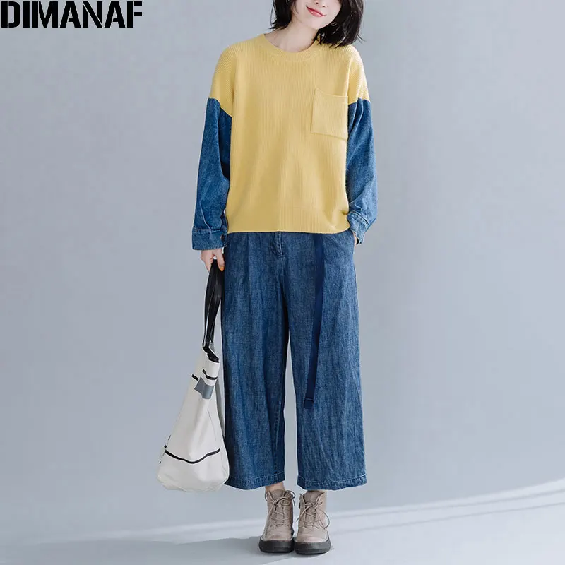 Женский трикотажный свитер DIMANAF Толстый Пуловер оверсайз из хлопка и денима с