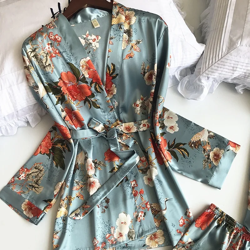 Spring 3 Pieces Pyjama Set 2020 Women Summer Sexy Silk Pajamas Sets Satin Sleep Suit Cute Home Clothes Sleepwear | Женская одежда