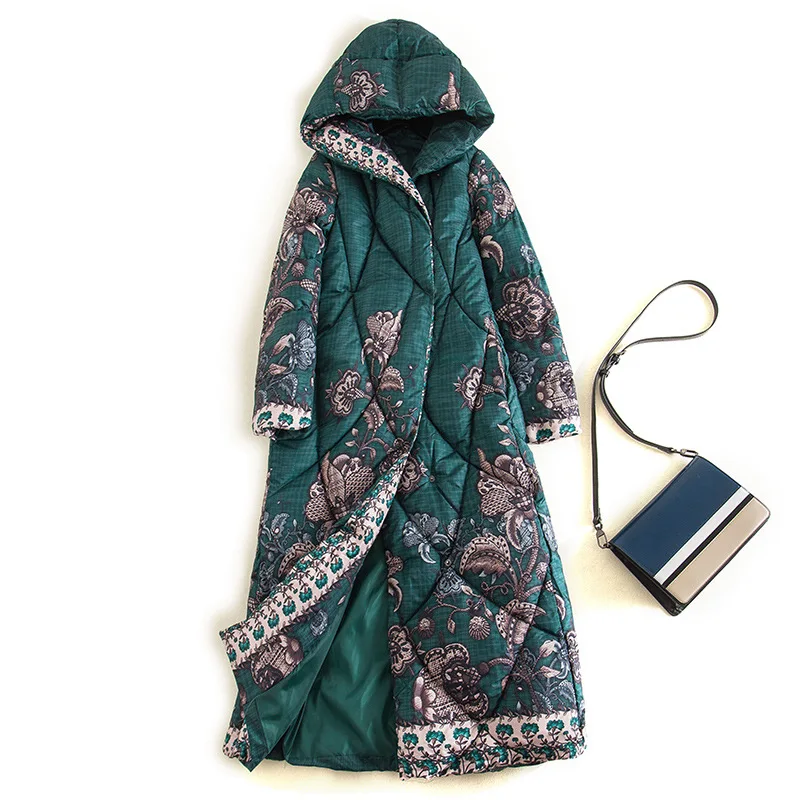 Пуховик с цветочным принтом длинное стеганое пальто женские зимние парки