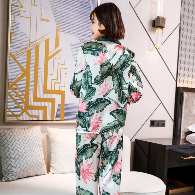 Women's Suit Silk Satin Pajamas Set Long Sleeve Trouser Suits Button-Down Sleepwear Loungewear Pyjamas