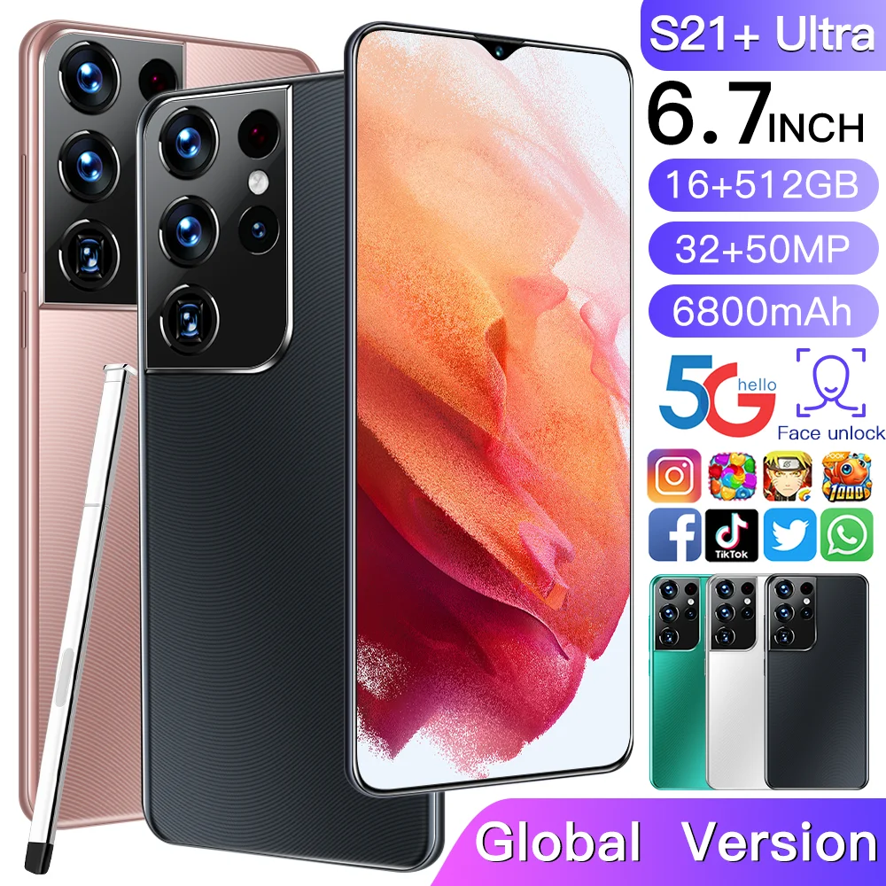 

Global Version S21+Ultra 6.7 Inch Smartphone 16+512GB 6800mAh 32+50MP Face Unlock with E-pen Google Android11 5G Cellphone