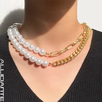 vintage asymmetry big pearl beaded necklace for women choker gold color cuban chain necklace simple baroque jewelry femme bijoux