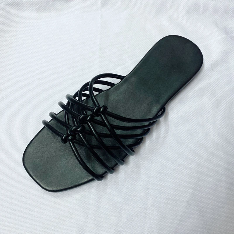 

Cross Band Leather Daily Flat Shoes Summer Flip Flop Hot Slippers Sandals Size 43 Open Square Toe Women Solid Beach Slippers