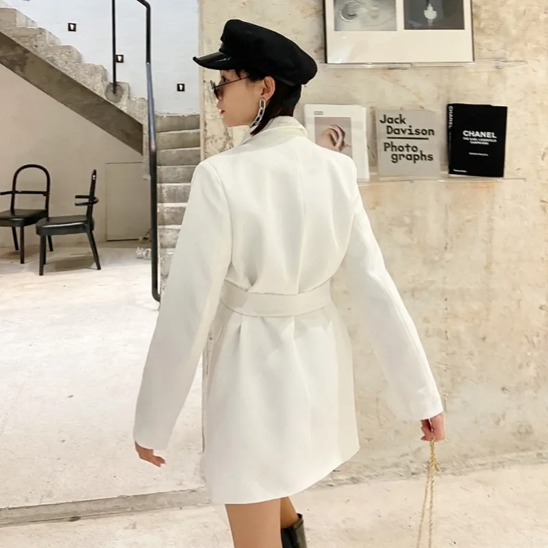 

Designer Women Black Blazer Spring Autumn Elegant Single Button Suit Jacket England Style Sashes Office Lady Formal Coat S-L