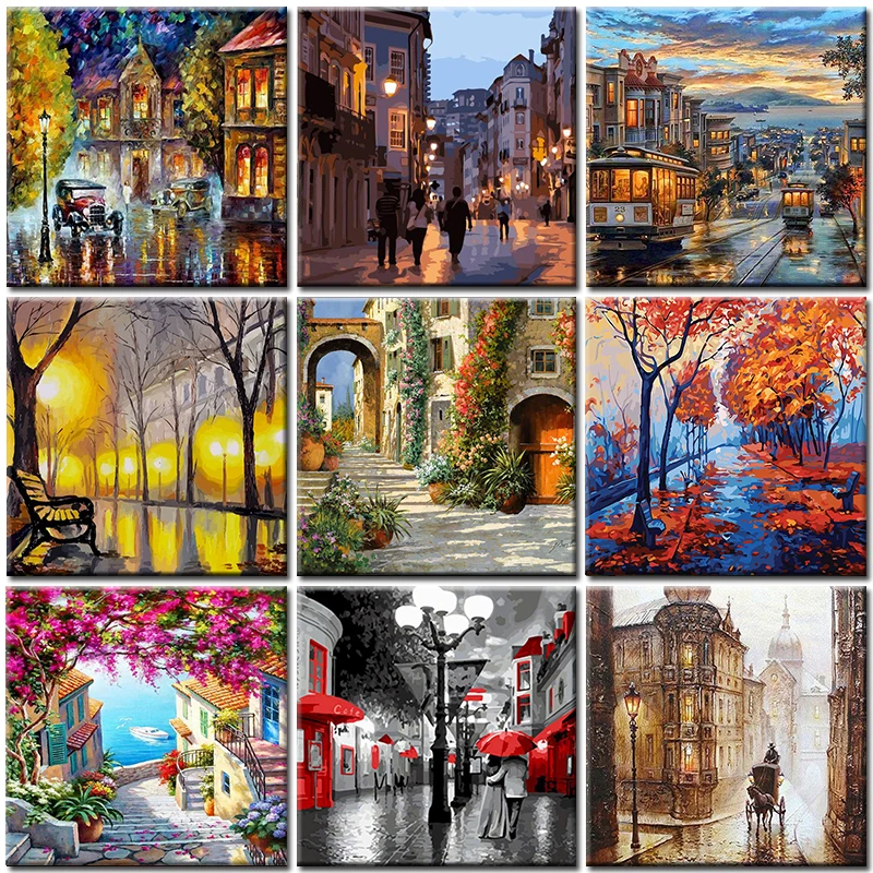 

Painting By Numbers Street Landscape On Canvas With Frame Acrylic For Adults Drawing Pictures Paint By Number Coloring Decor Art