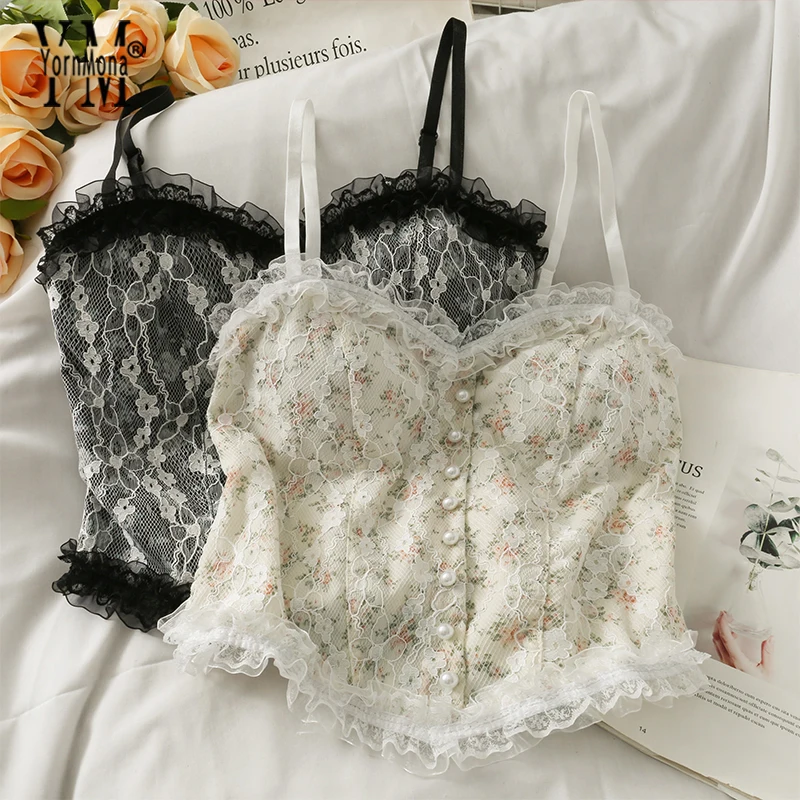

YornMona Ins Fashion Lace Floral Print Camis Women 2021 Retro Gothic Single-breasted Spaghetti Strap Crop Tops Ladies Shirts