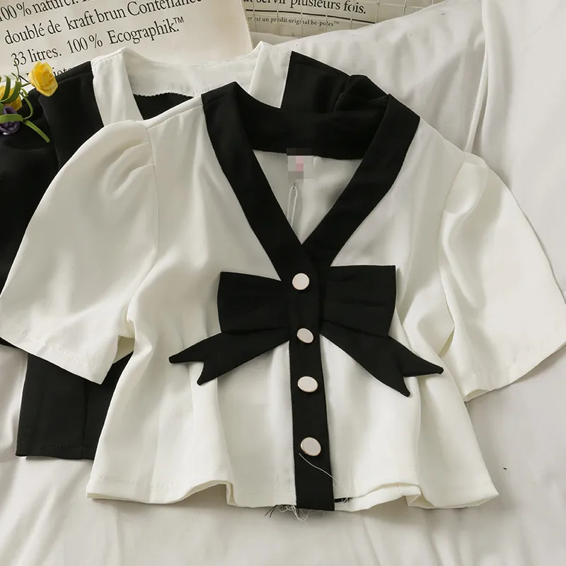 

2021 Summer Autumn Women V Neck Short Sleeve Patchwork Shirt Sweet Bow Button Blouse Female Slim Puff Sleeve Short Blouses Tops