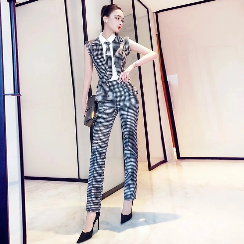 Women Two Pieces Sets 2022 Summer New Patchwork Shirt Tops with tie+Long Pencil Pant Trousers Office Lady 2 Suits |
