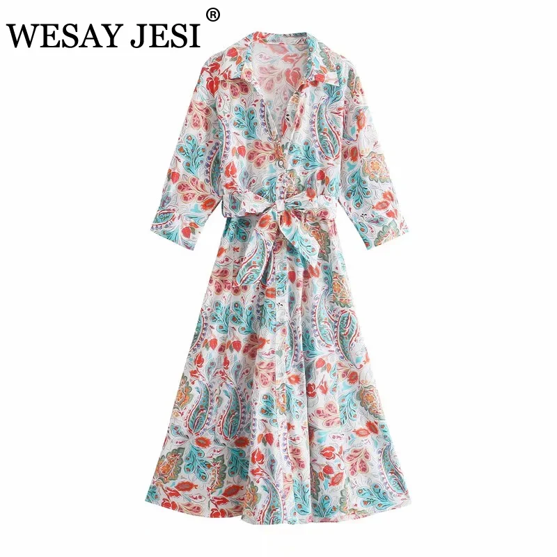 

WESAY JESI Women Summer Dress TRAF ZA 2021 Women Floral Print Casual Long Dress Female V-Neck Long Sleeve Drawstring Waist Dress
