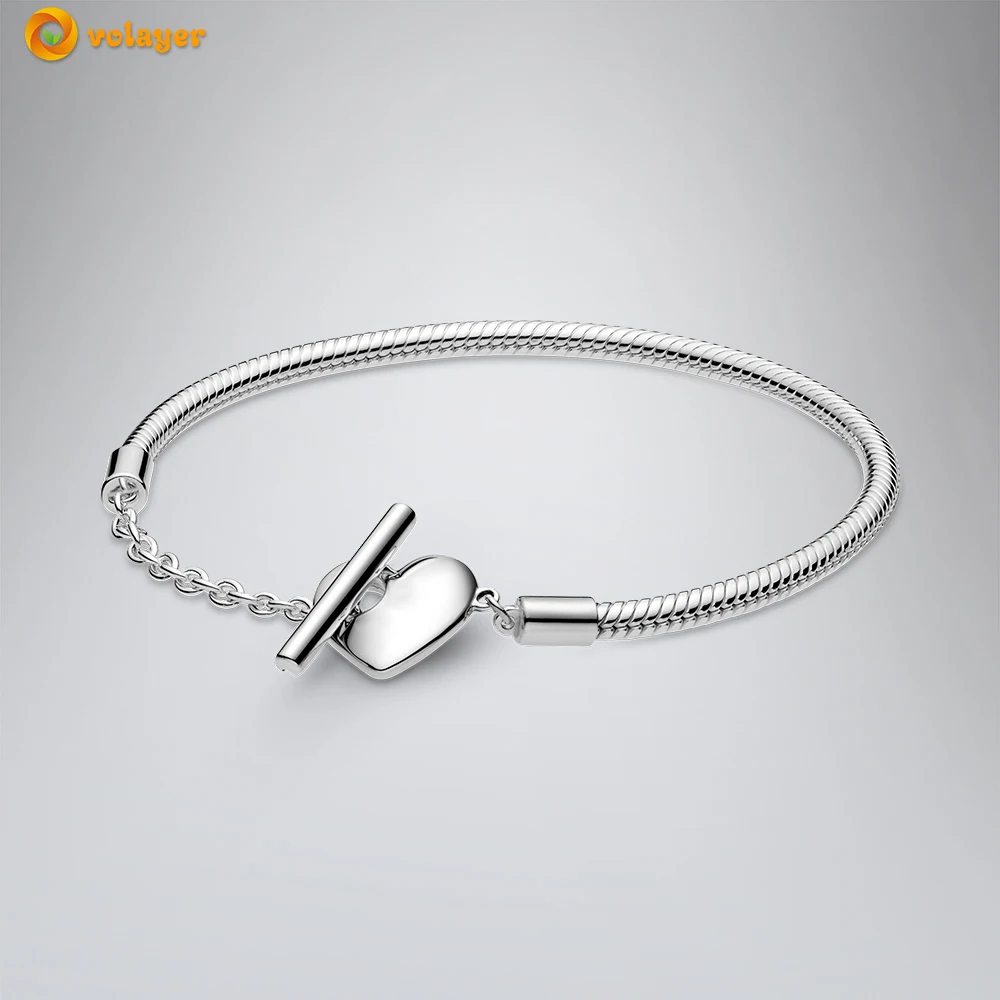 

Volayer 925 Sterling Silver Moments Heart T-Bar Snake Chain Bracelet Friendship Bangles for Women Jewelry Making Gift