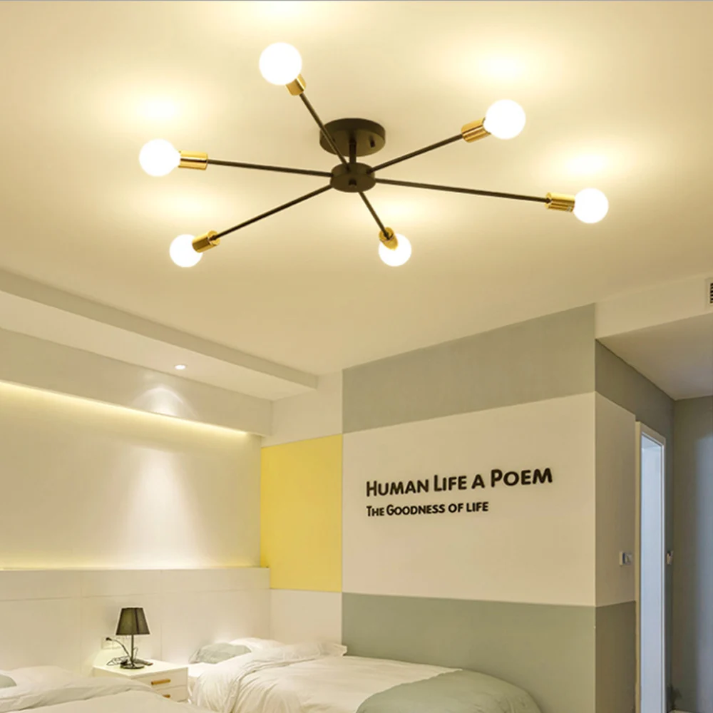 $18.35 6/8/10 Heads Multiple Rod Wrought Iron Ceiling Light Vintage Loft Lamp Nordic Modern Ceiling Lighting Home Decor Living Room Bar