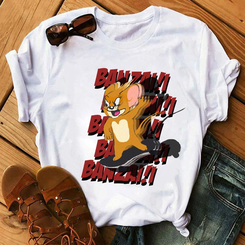 Women Cat Shirt Print Cartoon Jerry Mouse Casual Summer Tops Fun Spoof Female Graphic Tees Cute Vintage T-Shirt female drop ship