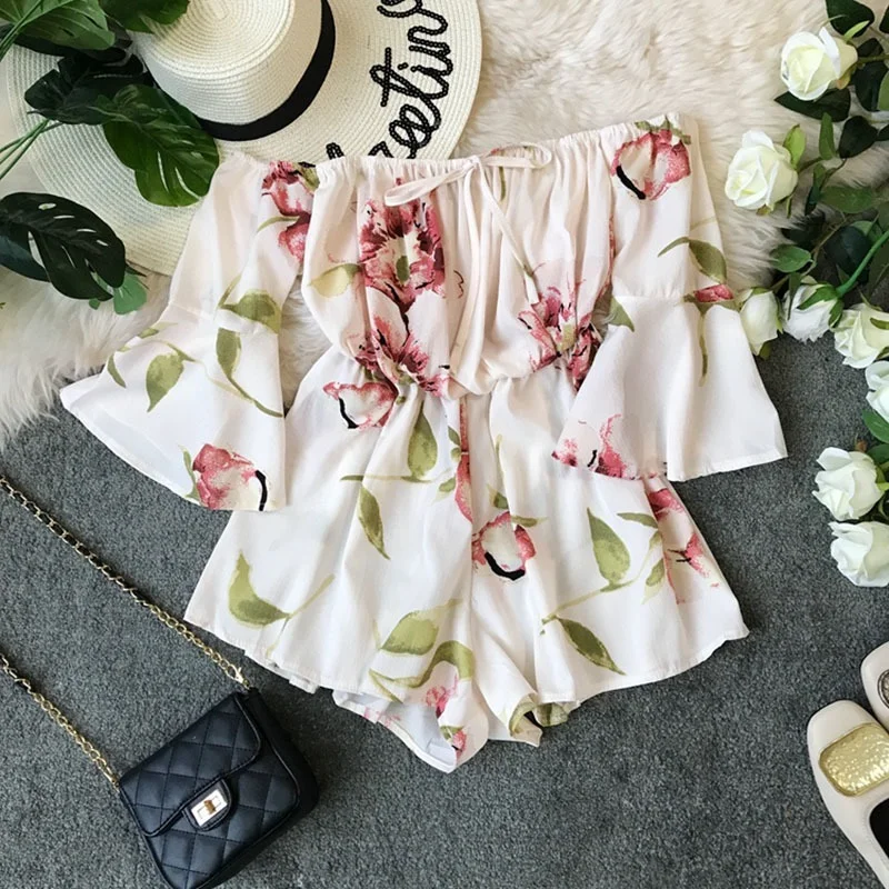 2021 Summer New Slash Neck Women Jumpsuits And Rompers Floral Printed Short Chiffon Ruffles Lady Playsuits Top Quality |