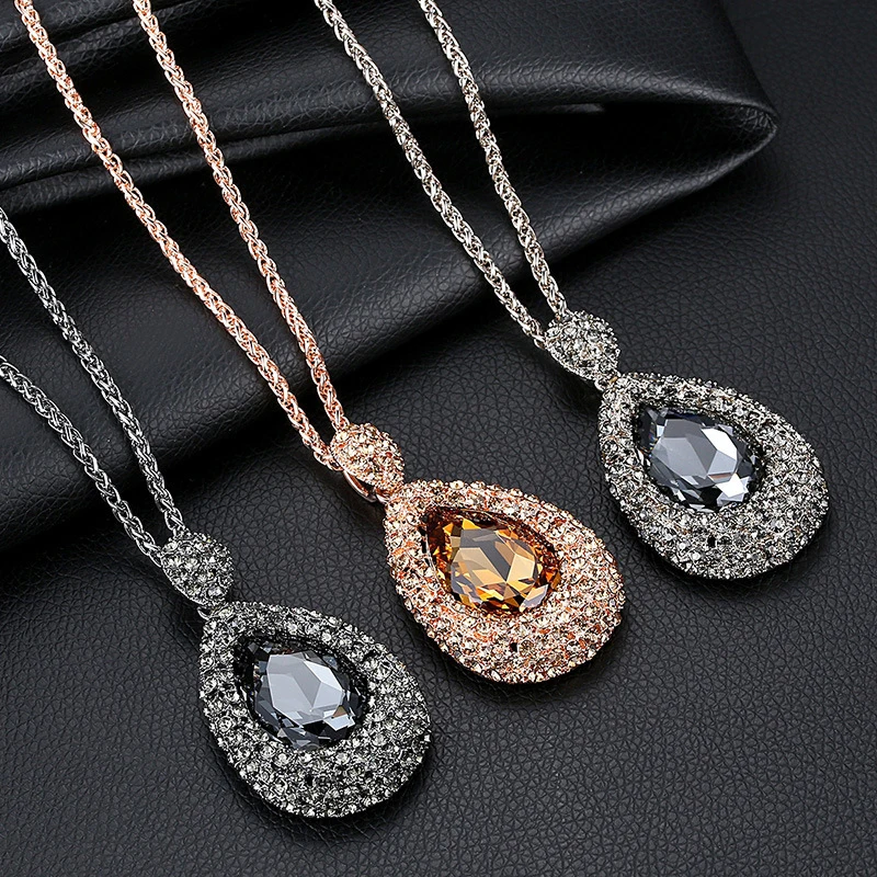 

SINLEERY Vintage Black Cubic Zirconia Necklaces For Women Water Drop Pendants and necklaces Long Chain Fashion Jewelry MY004 SSP