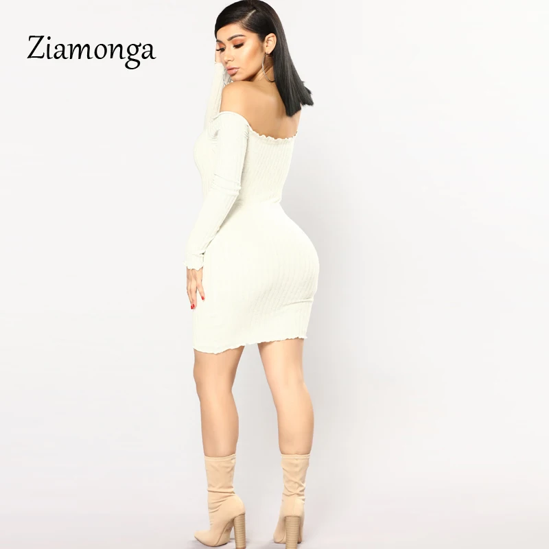 Ziamonga Sweater Dress Long Sleeve Bandage Strapless Off Shoulder Black White Knitted Autumn Winter Soft Sexy | Женская одежда