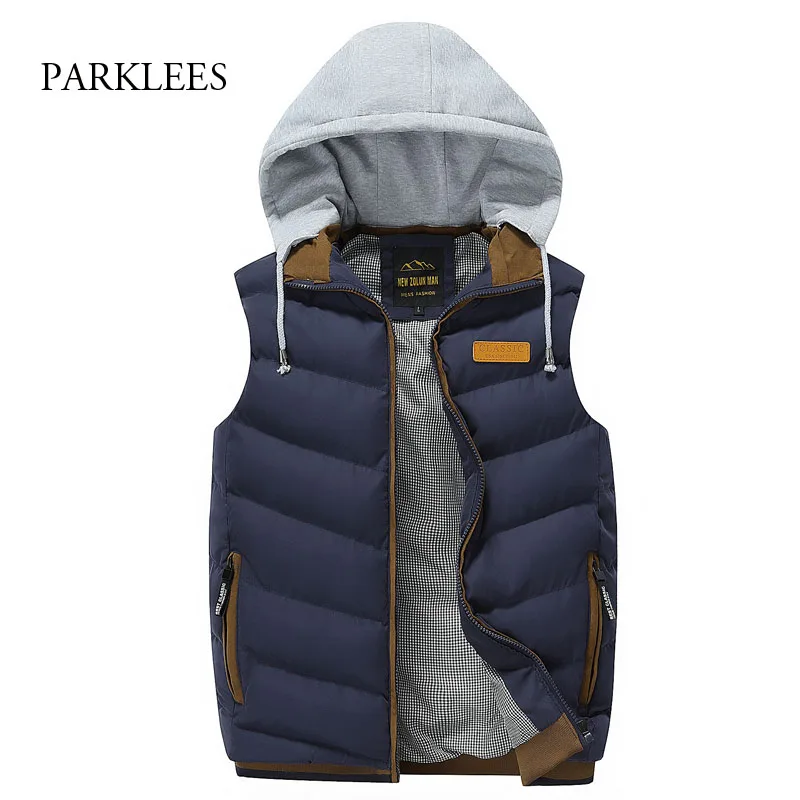 

Winter Hooded Vest Mens Fashion Sleeveless Men Waistcoat Solid Slim Warm Comfortable Hommes Veste Pocket Badge Chaqueta Hombre