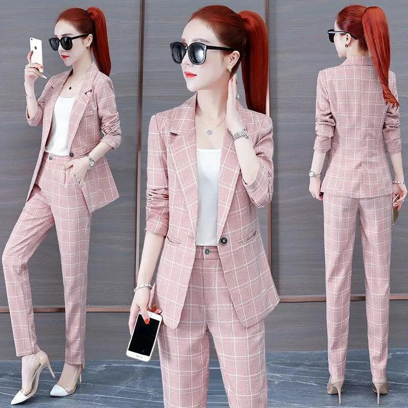Pink Plaid Suit Two Piece Set Women Fall Fashion Korean Slim Blazer Jacket And Pant Suit Office Lady Elegant Business Work Wear