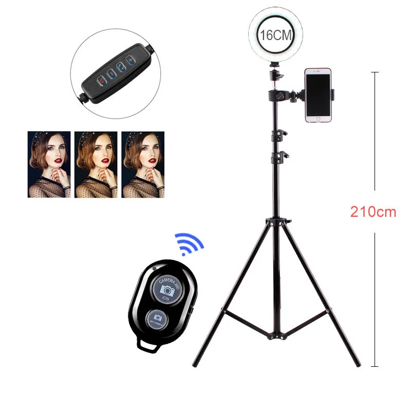 16CM 210cm Tripods USB селфи кольцо света 16 см/26 см с держатель штатива Bluetooth кольцо с регулируемой яркостью лампа для Youtube видео Live фото ringlight - Цвет: 16CM 210cm Tripods