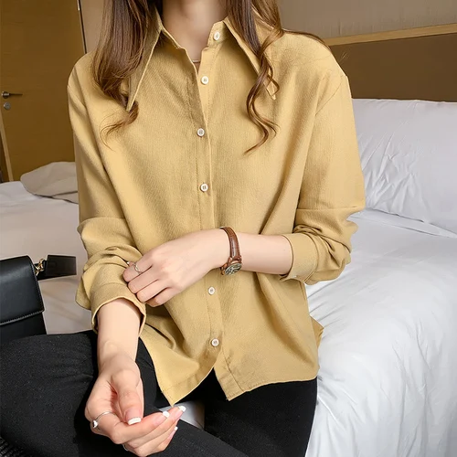 Blusas Mujer, новинка, длинный рукав, одноцветная блузка, женская рубашка, повседневная, свободного размера плюс кардиган, женская блуза, осенняя одежда 6859 50 - Цвет: Цвет: желтый