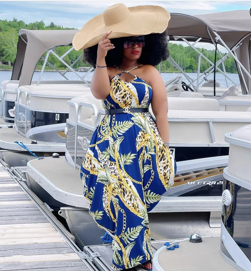 

Women Plus Size Dress Print Strap O-neck Loose Long Maxi Dresses Summer Casual Fashion Vestidos (No belt)