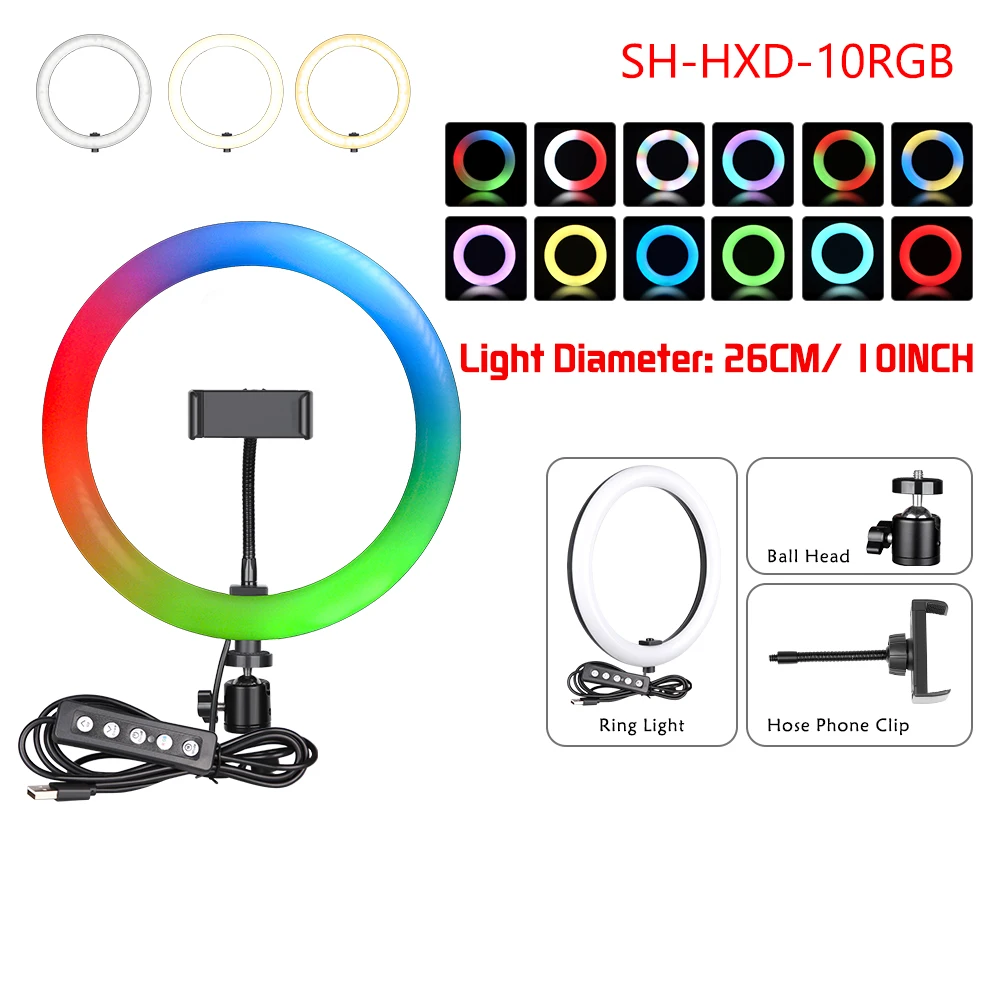 

SH 10inch/26cm Desktop RGB Ring Light With Tripod Stand Usb Charge Selfie Dimmable Video Lamp For Photo Photography Studio