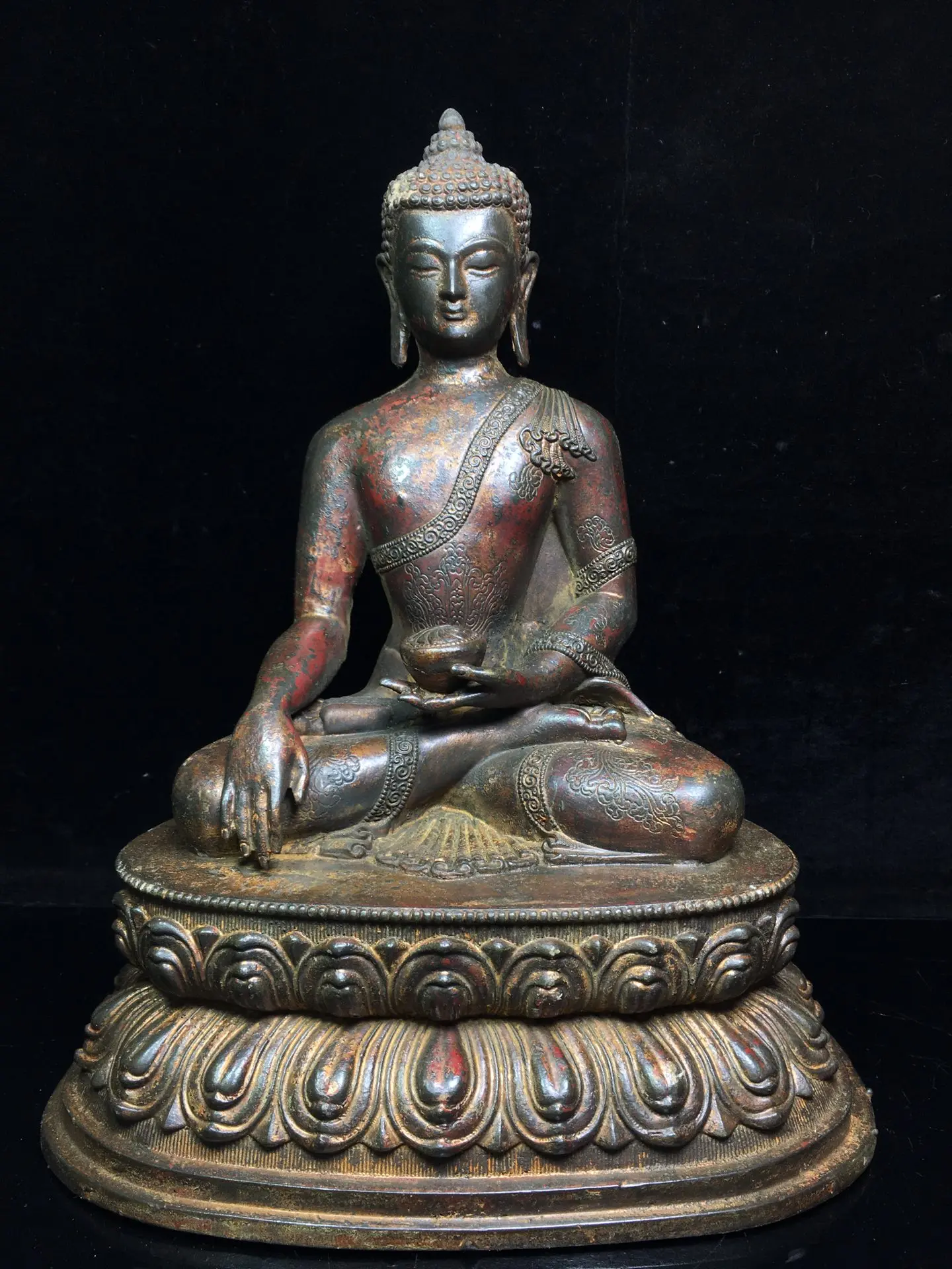 

13"Chinese Folk Collection Old Bronze Cinnabar Lacquer Shakyamuni Buddha Medicine Buddha Lotus flower Sitting Buddha Ornaments