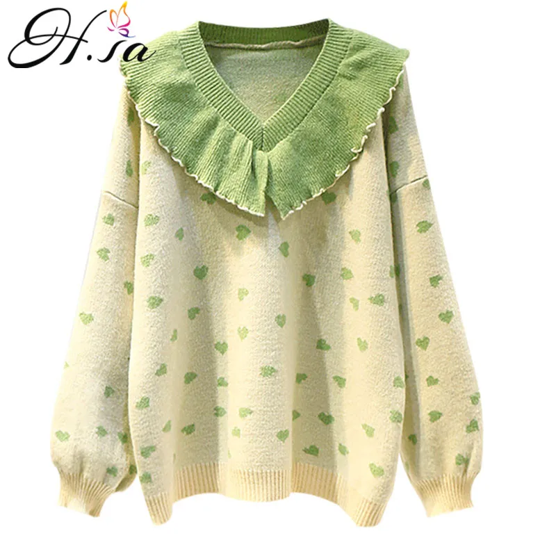 HF19182 Green H. SA/зимние вязаные свитера с v-образным вырезом и оборками; свободные свитера с v-образным вырезом; шикарная одежда; Рождественский свитер в горошек; зимний свитер - Цвет: HF19182 Green