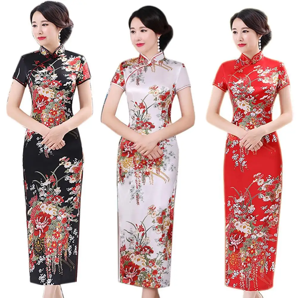 

6XL Chinese Style Flower Print Stand Collar Short Sleeve Women Slit Cheongsam Dress