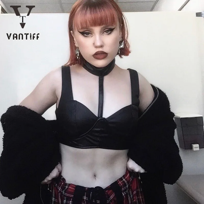 

Женский пикантный жилет для ночного клуба Dark Division, топ без рукавов, ультра-короткий открытый пумбикальный шнур, подвесной шейный ремень из и...